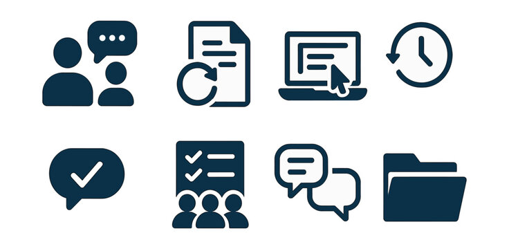 Two-Color vector icons of collaboration tools: team chat icon, shared doc, real-time edit, version history. Feedback bubble, group task, comment thread, shared folder.