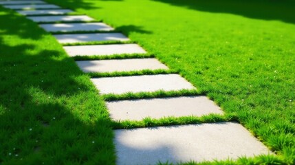 Serene Stepping Stones Through Lush Green Lawn, a Pathway to Tranquility and Relaxation