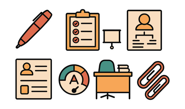 Outline with Fill style icons of teacher’s tools: red pen, attendance clipboard, projector screen, curriculum plan, class roster, grading scale, teacher desk, paper clips.