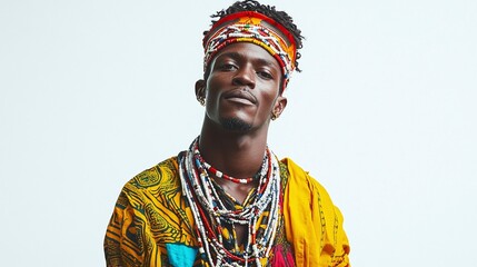 Obraz premium An African man in a colorful tribal outfit on a white background