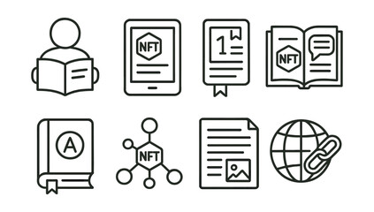 Line style icons of NFT education: NFT textbook reader, digital workbook icon, interactive chapter token, annotated NFT guide, glossary pop-up badge, visual concept map, NFT-based notes page, source