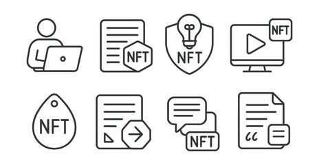 Line style icons of NFT media: reader learning path, educational article token, research highlight badge, tutorial post icon, explainer drop tag, beginner’s article guide, glossary support tag,