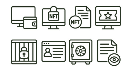 Line style icons of NFT media: reader wallet connection, token-gated reading access, article unlock token, premium access NFT, exclusive content gate, subscriber content panel, NFT archive vault,