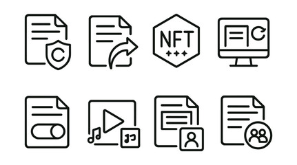 Line style icons of NFT media: content rights license, repost permission icon, sharing token badge, syndication tracker, remixable article toggle, embedded media rights, excerpt permission panel,