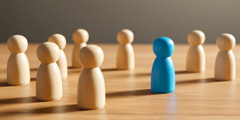 Team of wooden figures with one unique blue person suggesting hiring diversity or human resources