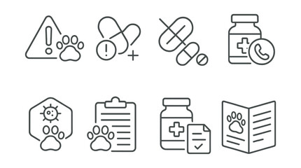 Line style icons of veterinary pharmacy: side effect warning sign, overdose alert icon, contraindication notice, emergency contact on label, allergy caution badge, adverse reaction log, safe use