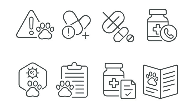 Line style icons of veterinary pharmacy: side effect warning sign, overdose alert icon, contraindication notice, emergency contact on label, allergy caution badge, adverse reaction log, safe use
