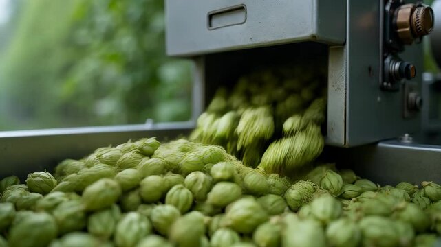 Harvesting hops. Automated machine collecting hops for beer production and processing. Sustainable farming and agricultural machinery.