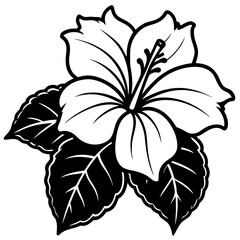 Black and white line art of a fully bloomed hibiscus with five wavy, veined petals, visible stamen, and three detailed leaves. Clean, botanical style for coloring book or tattoo