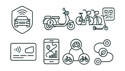 Line style icons of urban mobility: car sharing badge, electric moped, bike dock station, scooter QR code, mobility card, traffic data app, mobility-as-a-service icon, eco transport route.
