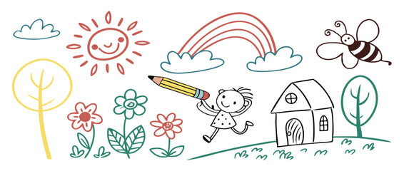 Children's drawing, hand-drawn with crayons, textured elements isolated on white background, highly detailed strokes. Child's doodles, drawing of kindergarten level. Scribbles vector graphic set 