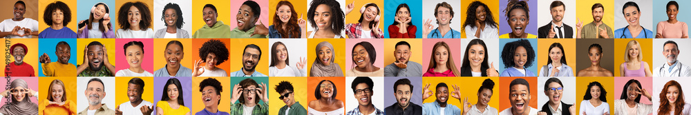 Poster a colorful collection showcases a variety of smiling individuals from different backgrounds. each po