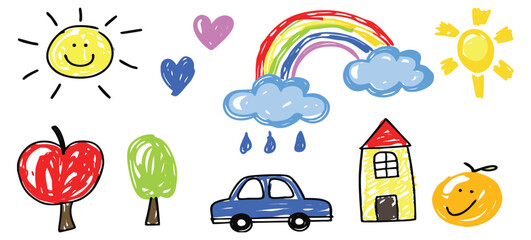 Children's drawing, hand-drawn with crayons, textured elements isolated on white background, highly detailed strokes. Child's doodles, drawing of kindergarten level. Scribbles vector graphic set 