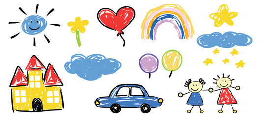 Children's drawing, hand-drawn with crayons, textured elements isolated on white background, highly detailed strokes. Child's doodles, drawing of kindergarten level. Scribbles vector graphic set 