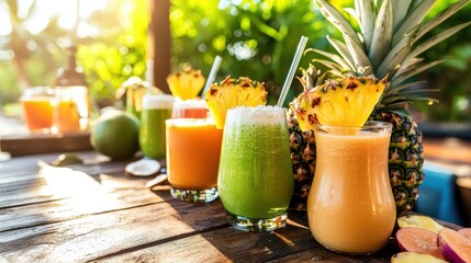 Fototapeta premium Refreshing Tropical Smoothies A Vibrant Blend of Fruits and Sunshine