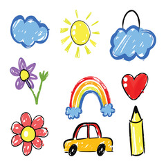 Children's drawing, hand-drawn with crayons, textured elements isolated on white background, highly detailed strokes. Child's doodles, drawing of kindergarten level. Scribbles vector graphic set 