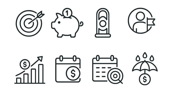 Line style icons of savings and goals: goal target icon, piggy bank with coin, savings meter, future plan badge, interest growth graph, monthly deposit icon, financial target calendar, rainy day fund