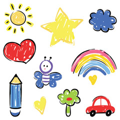 Children's drawing, hand-drawn with crayons, textured elements isolated on white background, highly detailed strokes. Child's doodles, drawing of kindergarten level. Scribbles vector graphic set 