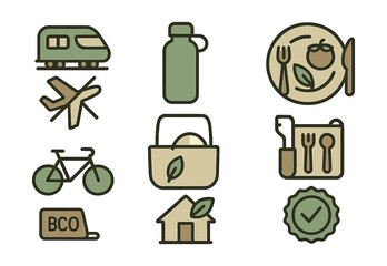 Outline with Fill style icons of eco-friendly travel: train over plane icon, reusable bottle, cloth bag, local food plate, zero waste kit, eco lodge, bike rental, green stamp.