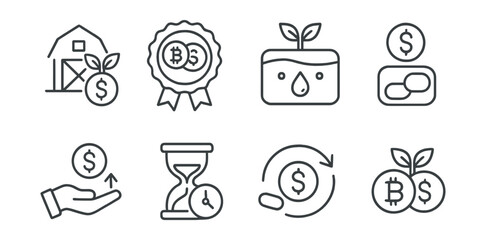 Line style icons of crypto farming: farm & stake combo icon, dual-token reward badge, LP staking pool symbol, farm withdrawal icon, farming cooldown timer, reinvest farming rewards, auto-harvest