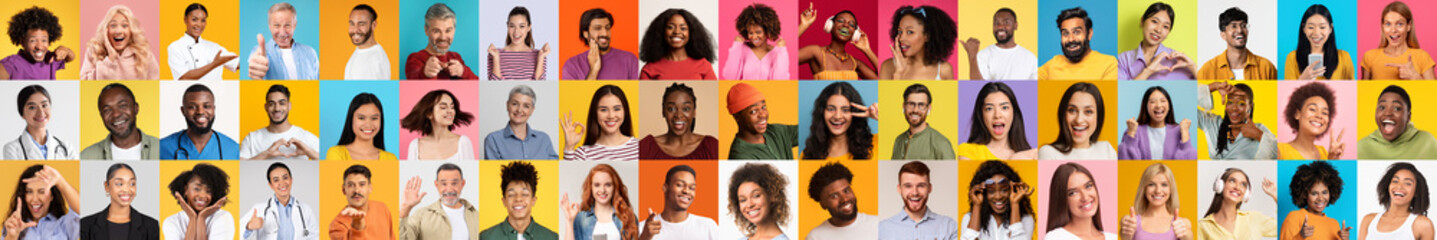 A lively collection of portraits featuring diverse individuals showcasing happiness across various...