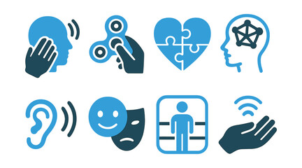 Two-Color vector icons of neurodivergent support: sensory comfort, fidget tool, autism pride, mental map. Noise sensitivity, masking icon, regulation zone, stim break.