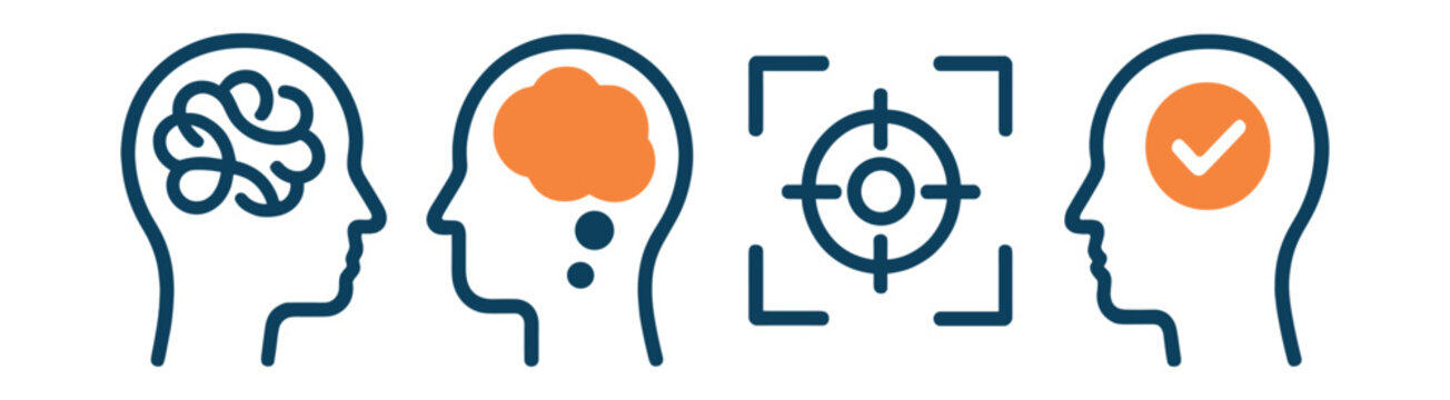 Two-Color vector icons of mental focus and clarity: mind declutter, clear thoughts, concentration icon, deep work. Focus mode, distraction off, attention bubble, mental order.