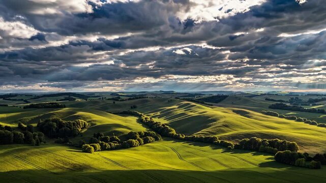 Dramatic clouds over rolling green hills with stunning sunlight patterns