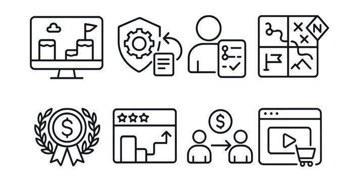 Line style icons of blockchain gaming: user-generated game content, modding smart contract icon, player quest builder, map editor NFT, game economy contributor badge, level sharing tool, creator