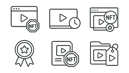 Line style icons of Web3 streaming: stream recording as NFT, timestamped replay clip, auto-mint video moment, highlight reel token, viral moment badge, memorable clip NFT, collectible stream archive,