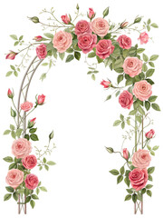 Elegant floral arch adorned with soft pink roses and lush green leaves, creating a romantic setting for weddings or special celebrations in a serene outdoor location Generative AI
