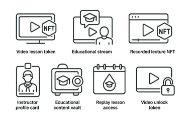 Line style icons of NFT education: video lesson token, educational stream badge, recorded lecture NFT, instructor profile card, educational content vault, knowledge drop calendar, replay lesson