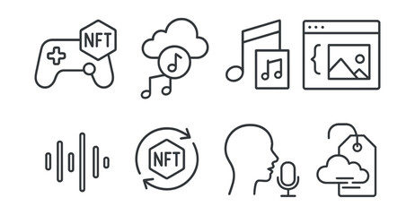 Line style icons of NFT crafting: sound design for NFTs, audio layer upload, music + visual NFT toggle, sound metadata field, waveform preview, NFT audio loop setting, voiceover layer icon, ambient