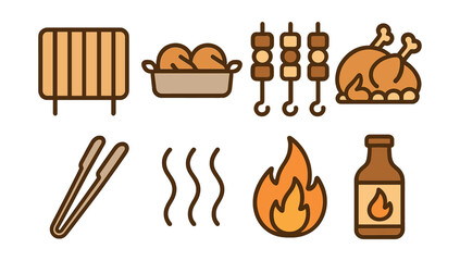 Outline with Fill style icons of grilled and roasted dishes: grill rack, roasting pan, skewer set, roasted chicken, grill tongs, heat wave symbol, flame icon, barbecue sauce.