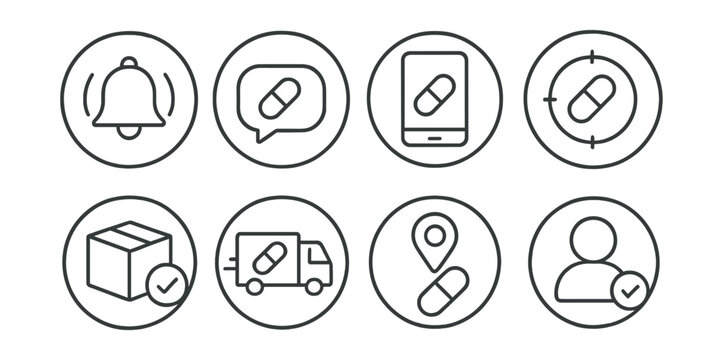Line style icons of medicine delivery (circular): delivery notification ring, SMS alert bubble, push notification icon, status update dial, order shipped badge, delivery en route icon, arrived at