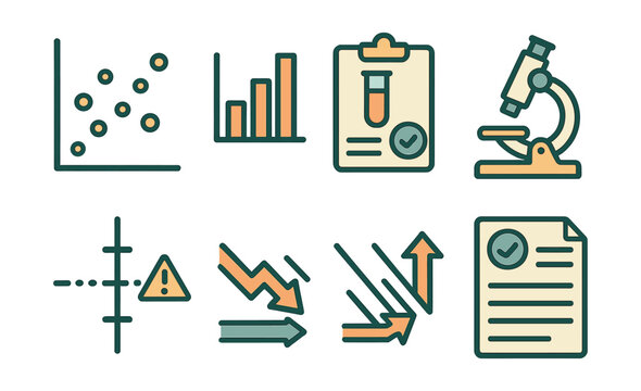 Outline with Fill vector icons of scientific data and analytics: scatter plot, bar graph, data sheets, lab results icon, microscope image, error margin, trend arrows, result summary.