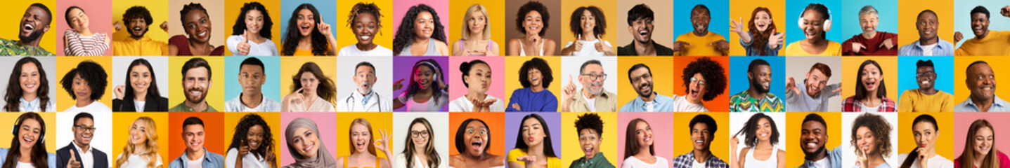 Fototapeta premium A vibrant collection showcases diverse individuals smiling and expressing joy against bright backgrounds. This portrait collage highlights a mix of cultures and backgrounds that radiate positivity.
