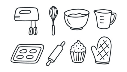 Hand-drawn vector icons of home baking: hand mixer, whisk, dough bowl, measuring cup, baking tray, rolling pin, cupcake, oven mitt.