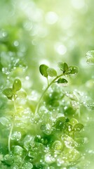 Fresh green sprouts glisten with dewdrops in a minimalistic abstract background capturing nature's essence