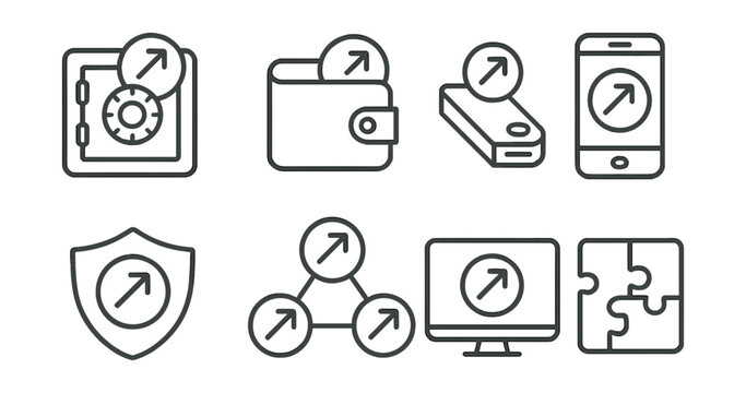 Line style icons of crypto staking: cold staking vault, wallet staking tool, ledger staking icon, mobile app staker, non-custodial staking badge, multi-chain staking option, cross-platform staker
