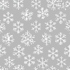 A gray background with a repeating pattern of white snowflakes of varying sizes