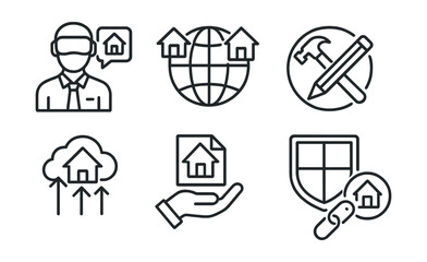 Line style icons of multiverse apps: virtual real estate manager, land ownership across platforms, cross-metaverse building tool, 3D environment editor, construction sync icon, architecture template