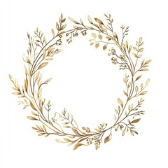 Golden floral wreath with delicate, branching leaves and berries, perfect for invitations or framing