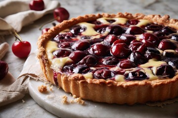 Crostata Crema e Amarene showcases rich filling and glossy cherries on a rustic marble countertop
