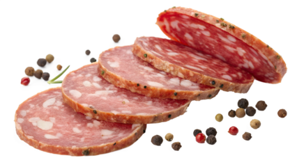 Sliced gourmet salami arranged artfully with colorful peppercorns and fresh herbs, ready for serving at an elegant occasion Generative AI ai, png, transparent, salami, gourmet, sliced