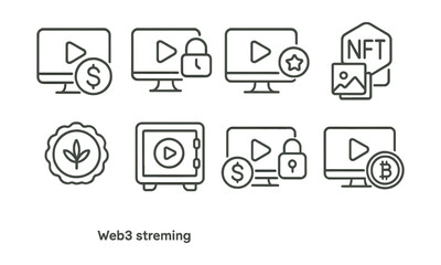 Line style icons of Web3 streaming: token-based subscription model, time-locked content access, unlockable bonus clip, NFT-based content bundle, seasonal access pass token, subscriber content vault,