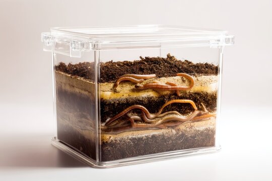 Detailed view of a transparent indoor worm compost bin showcasing food layers and red wigglers under studio light