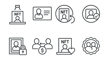 Line style icons of NFT galleries: NFT artist spotlight, biography panel icon, portfolio link badge, verified creator token, artist collection vault, artist revenue split, artist favorite highlight,