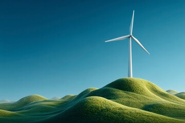 Obraz premium Renewable Energy Wind Turbine on Rolling Green Hills Under a Clear Blue Sky