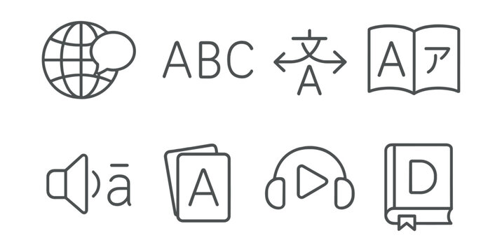 Line style icons of language learning: globe with speech bubble, ABC letters, translation arrows, dual language book, phonics symbol, flashcard set, audio lesson icon, dictionary.